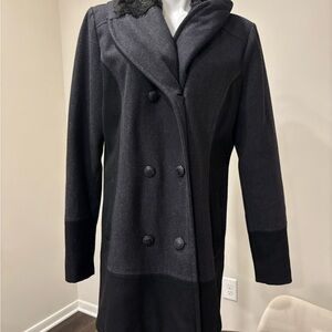 Guess Women's Wool and Faux Fur Charcoal Double-Breasted Pea Coat